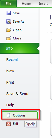 opcije u excelu otvoriti