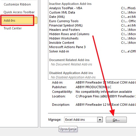 ukljuciti addins excel