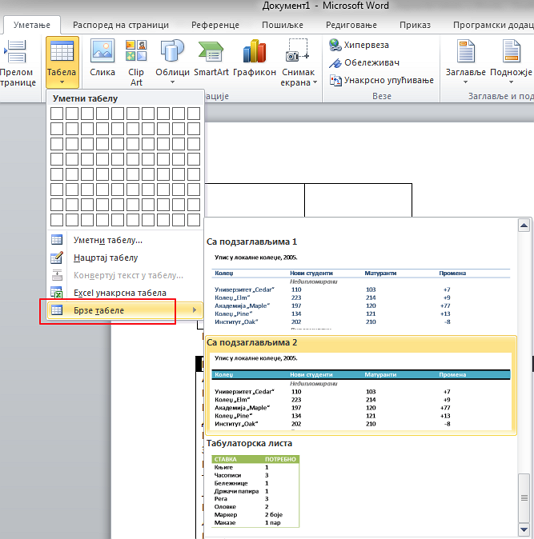 brze tabele u wordu