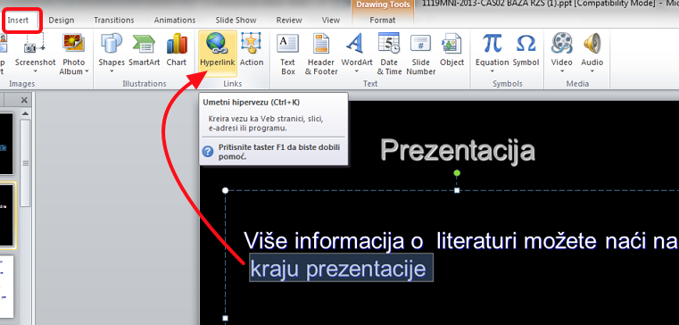 umetni hipervezu u powerpoint prezentaciju