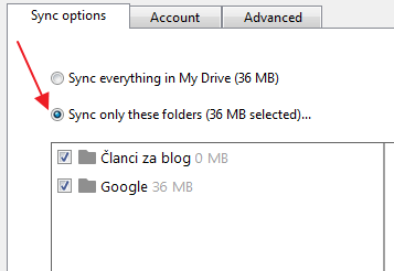 opcije sinhronizacije google disk